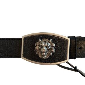 Vintage Lion black belt genuine leather/buckle belt silver black solid NWT Large